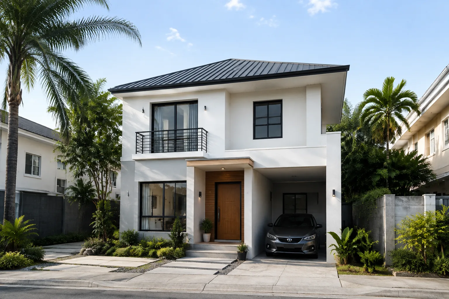 Compact two-storey house concept with a covered carport