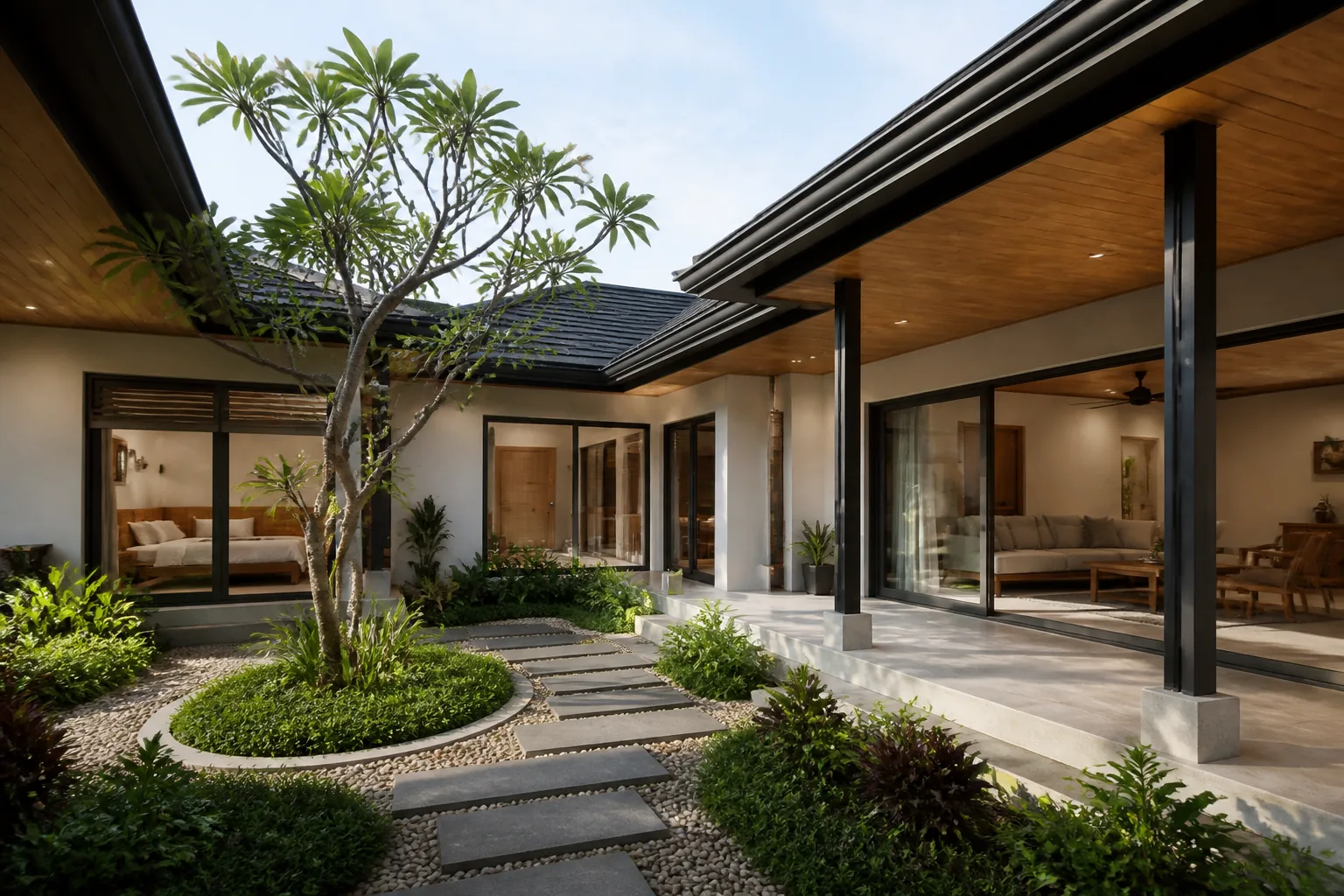 Courtyard-home architectural concept with shaded living spaces