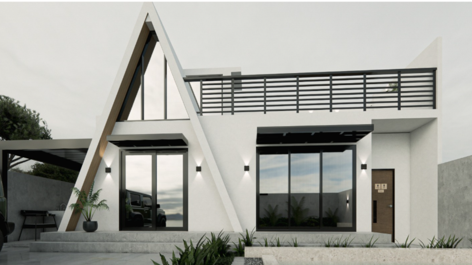 House design concept with a triangular facade and roof deck