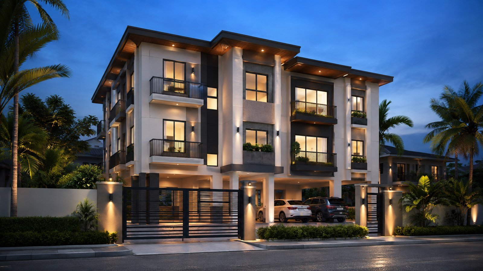Evening apartment building exterior concept in the Philippines
