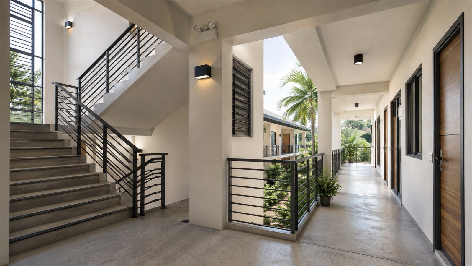 Open-air apartment corridor and safe stair concept