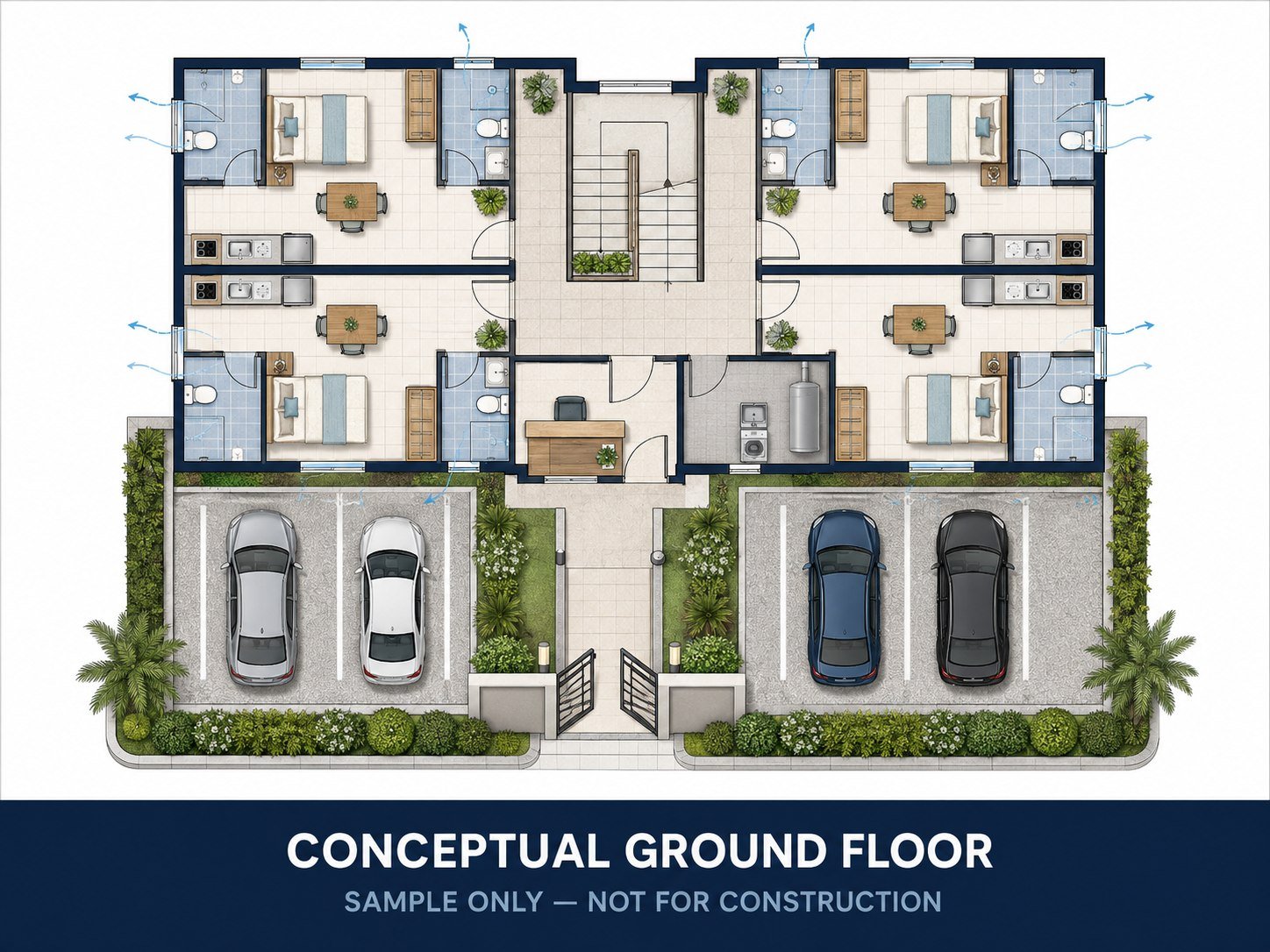 Conceptual ground-floor apartment plan sample