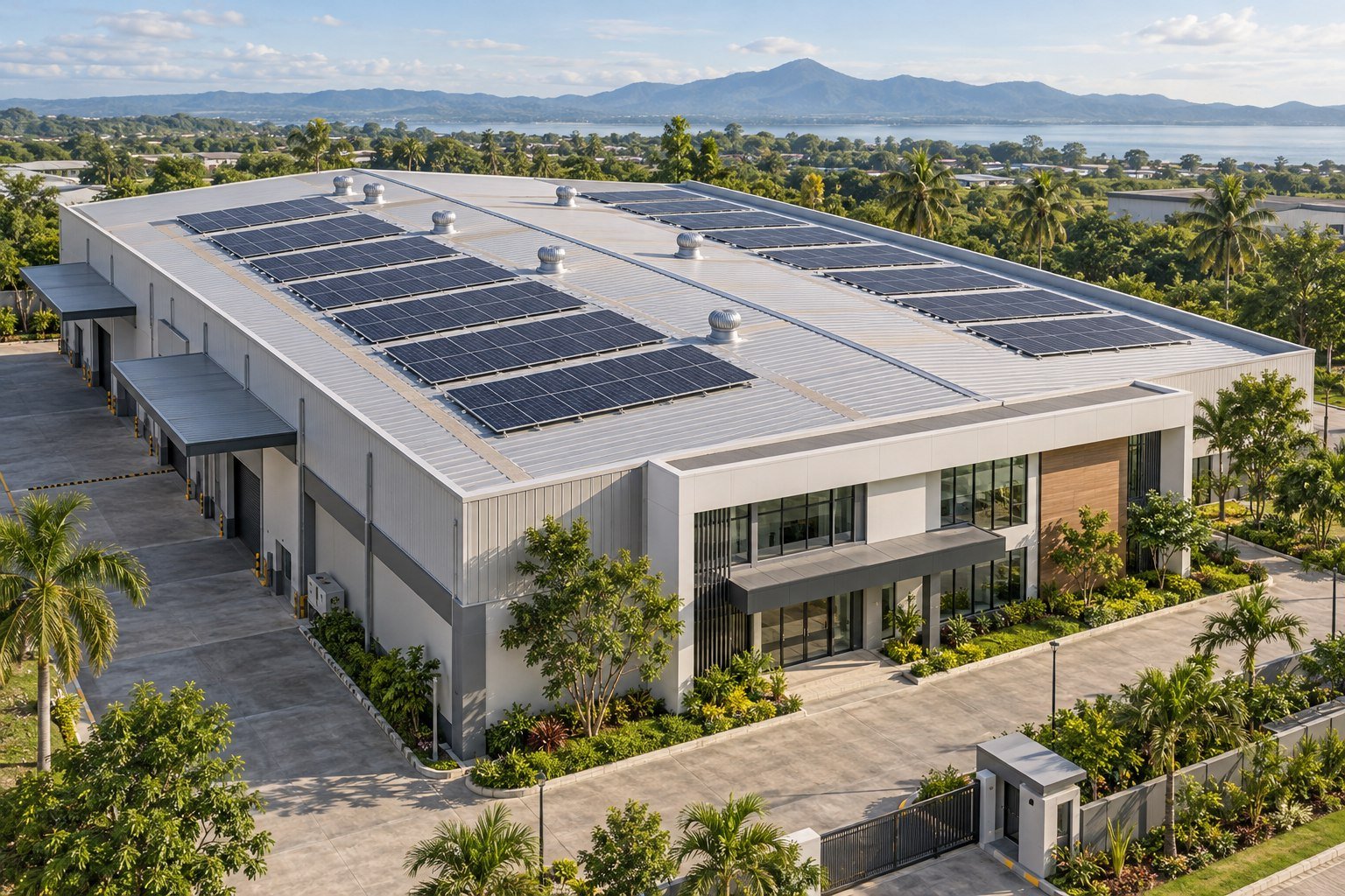 Concept render of a commercial building with rooftop solar panels and maintenance corridors in a tropical setting