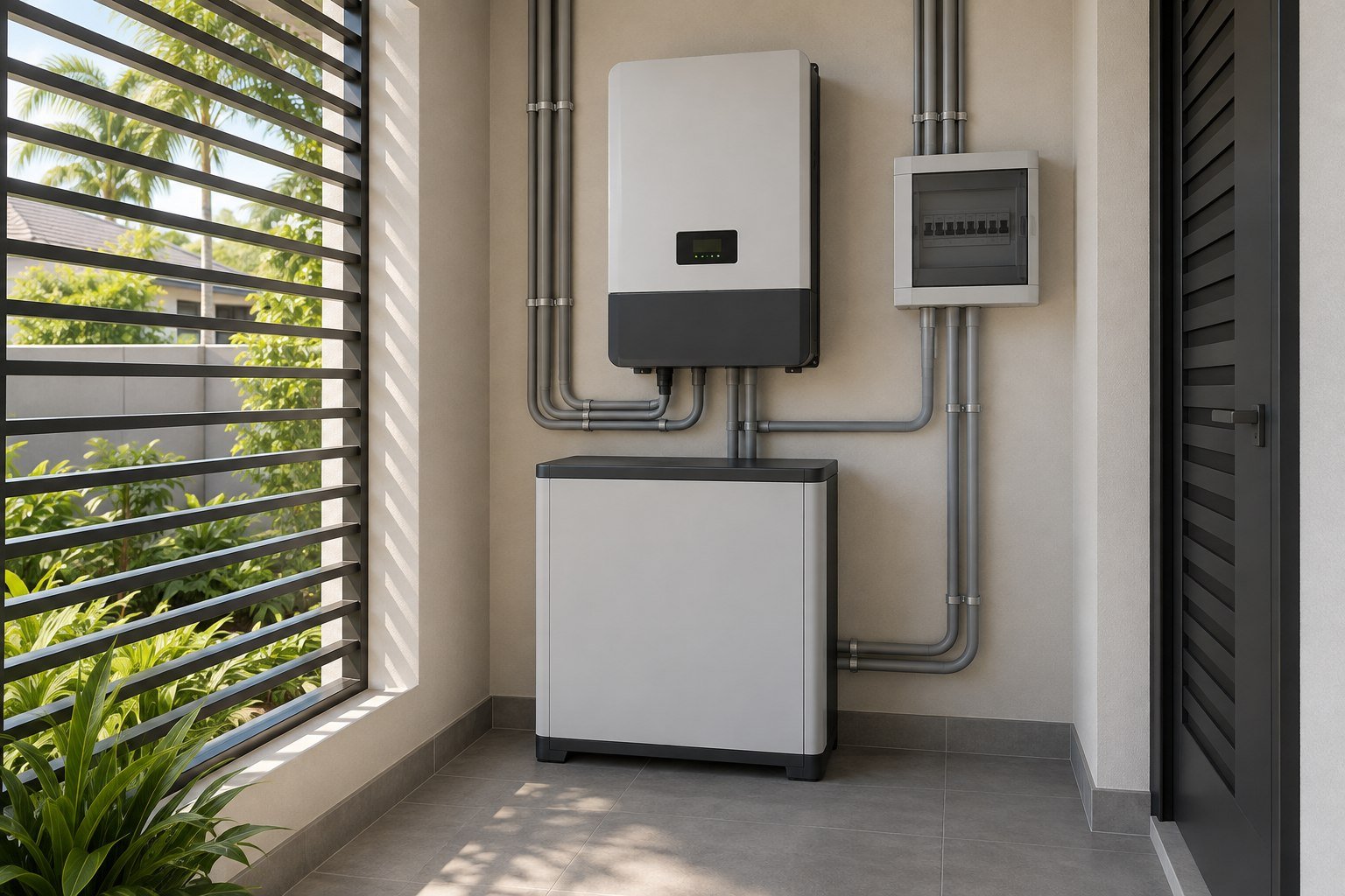 Concept render of a hybrid solar inverter and enclosed battery cabinet in a ventilated utility area
