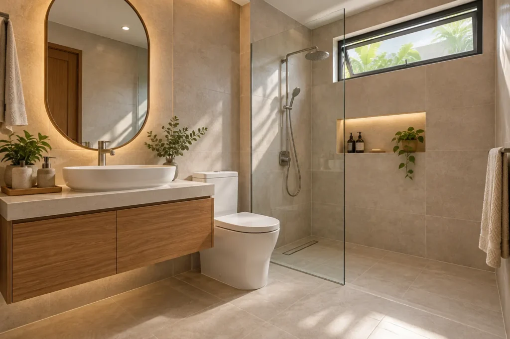 Bathroom renovation concept with a shower zone, vanity, high window and neutral tiles