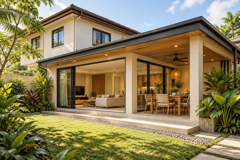 House-extension design concept connecting a family room and covered dining area to an existing home