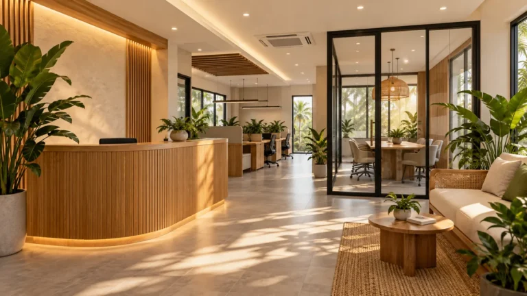 Office fit-out design concept with a reception desk and glazed meeting room