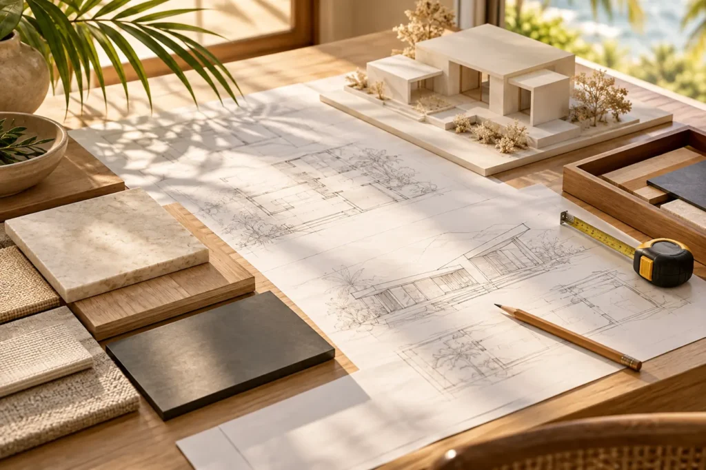 Illustrative project planning desk with schematic drawings and material samples