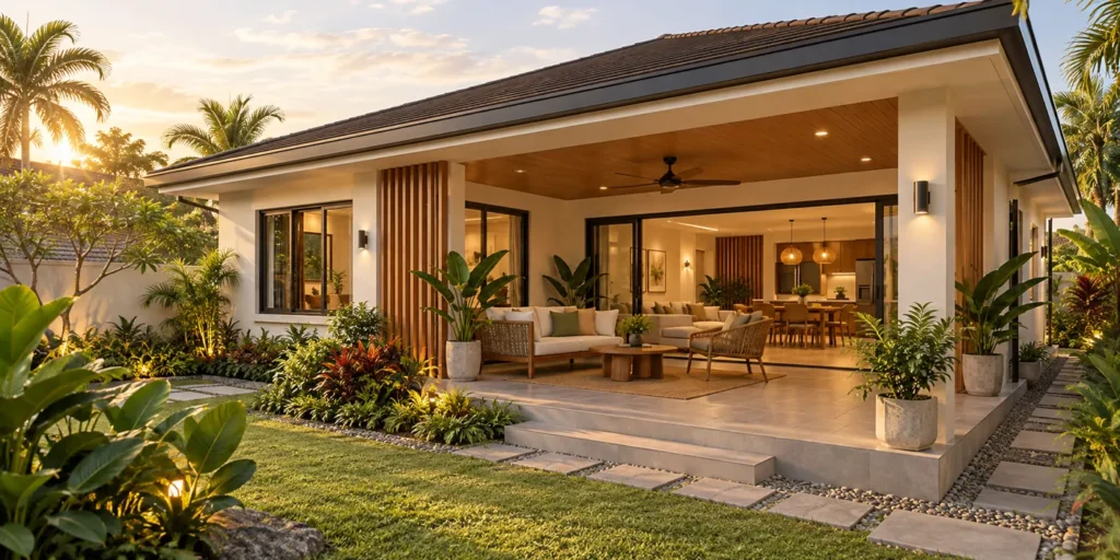 Tropical home renovation concept with a shaded veranda and garden-facing living space