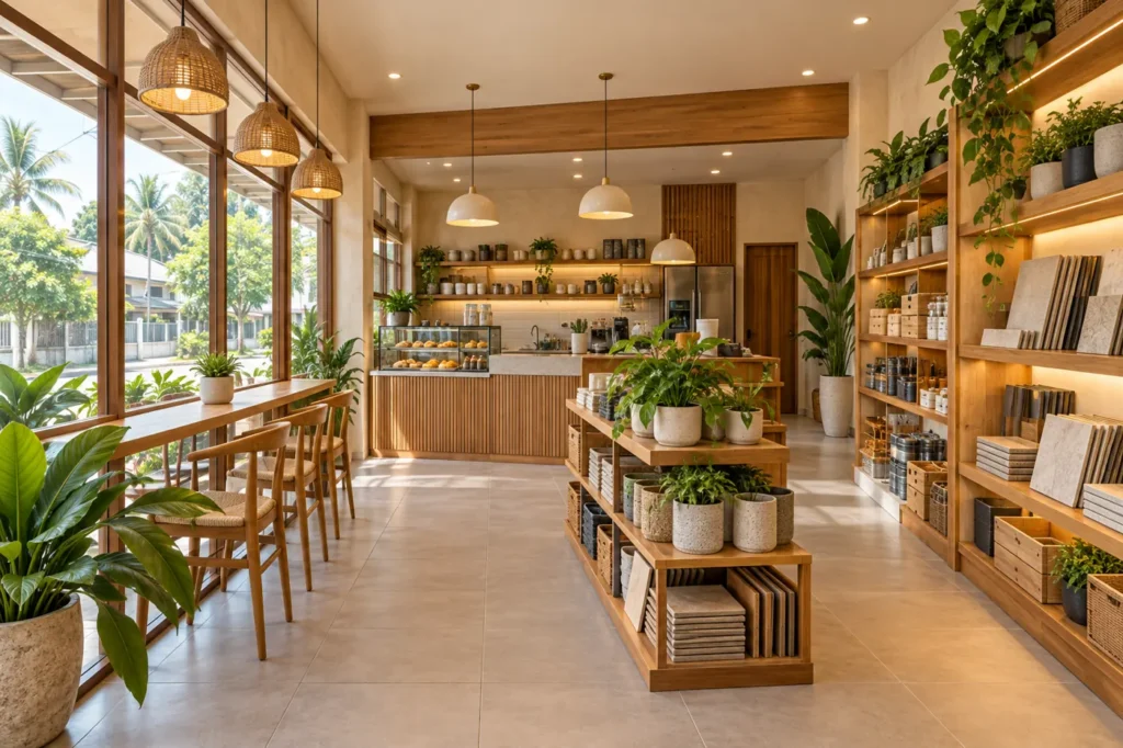 Retail fit-out concept with a clear customer aisle, display shelves and a service counter