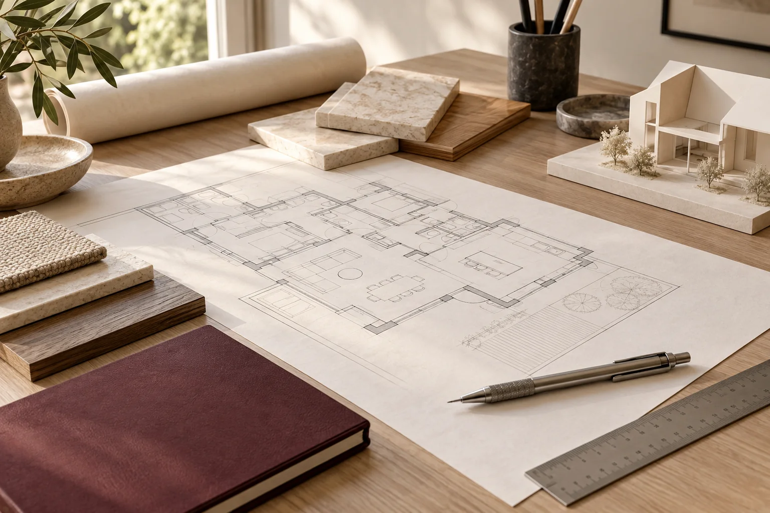 Construction Company in the Philippines 2 Illustrative architectural planning desk with schematic drawings and material samples