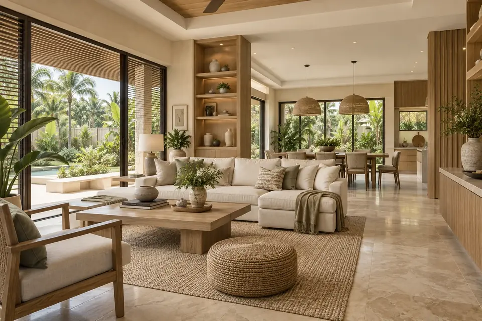 Renovation concept of a warm open-plan living and dining interior