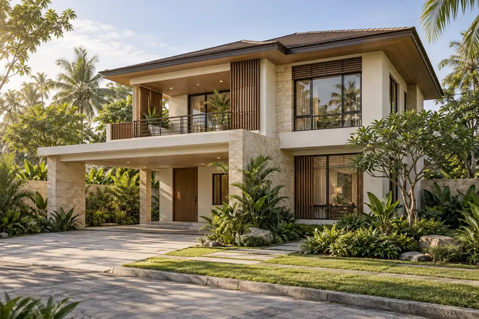 Concept of a modern tropical two-storey home with a shaded balcony