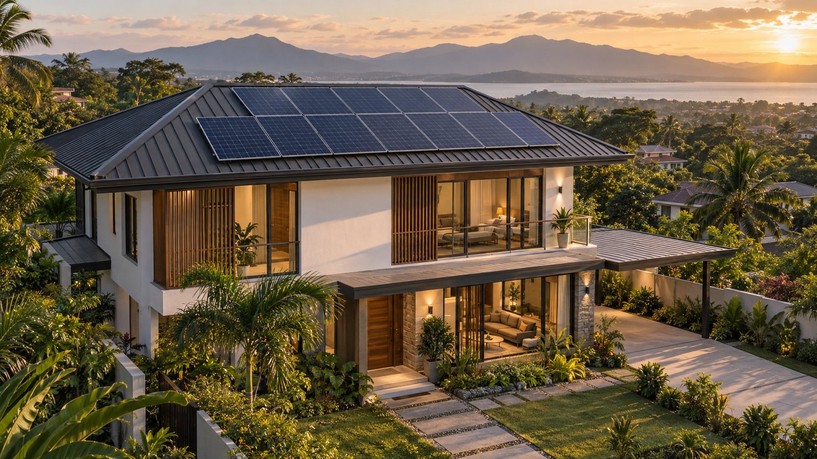 Concept render of rooftop PV solar panels on a modern tropical house in Laguna